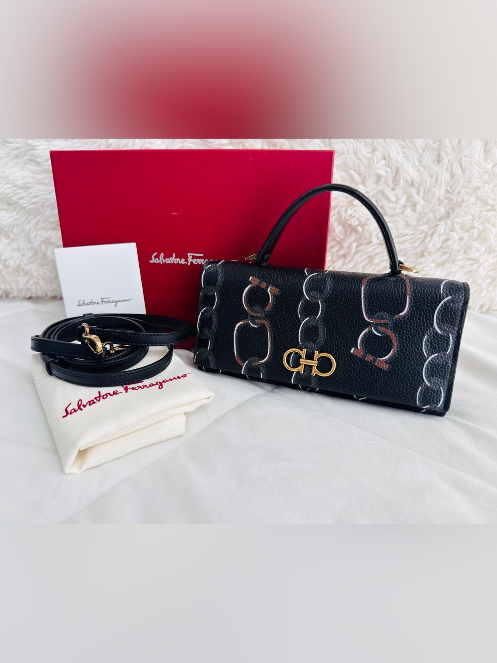 Salvatore Ferragamo Gancini Chain Print Wallet on Chain Crossbody Bag BoxDustbag